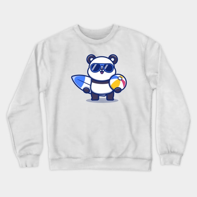 Cute Panda Holding Surfboard And Summer Ball Crewneck Sweatshirt by Catalyst Labs